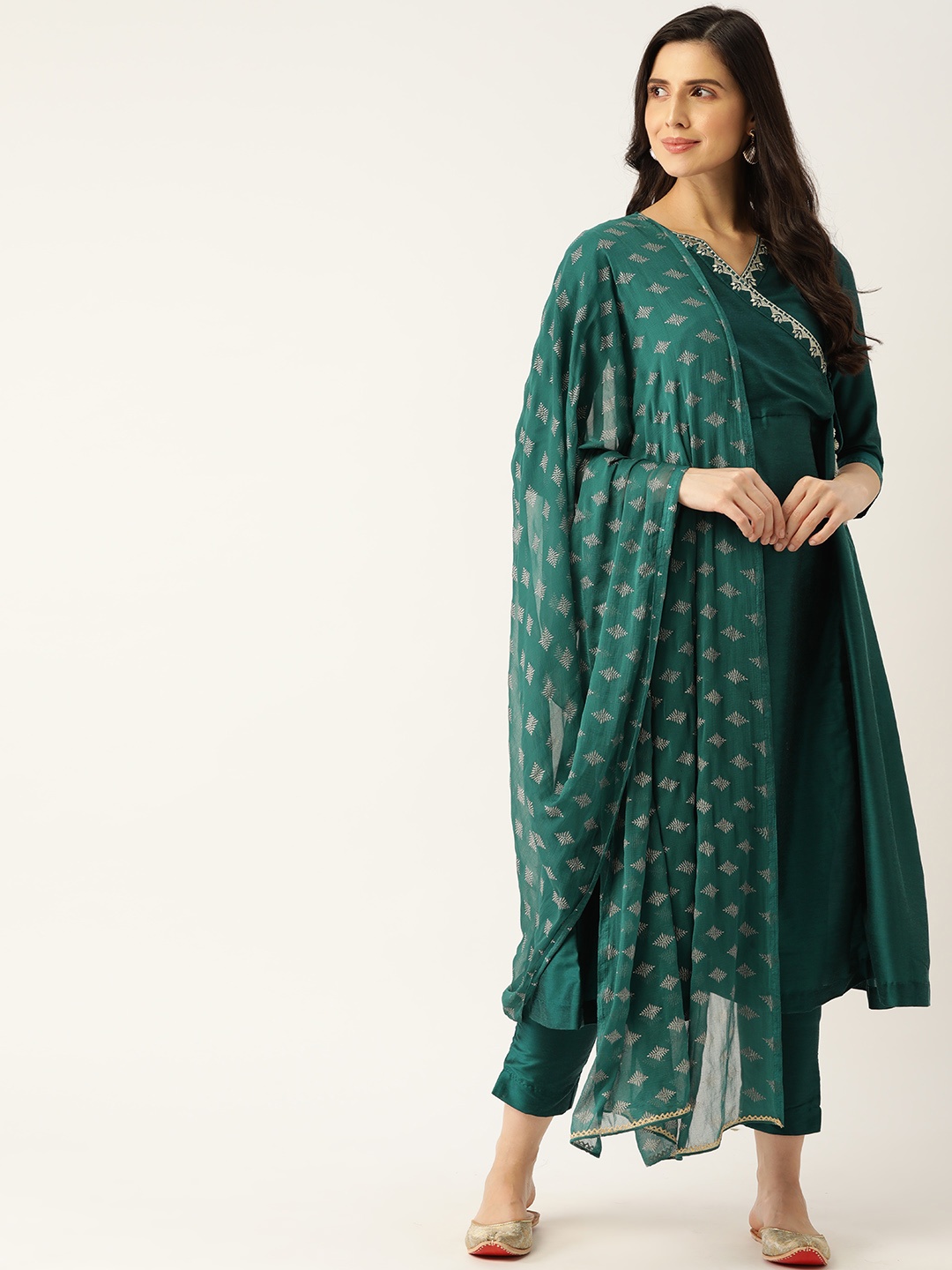 

Sangria Women Teal Green Angrakha Kurta with Trousers & With Dupatta