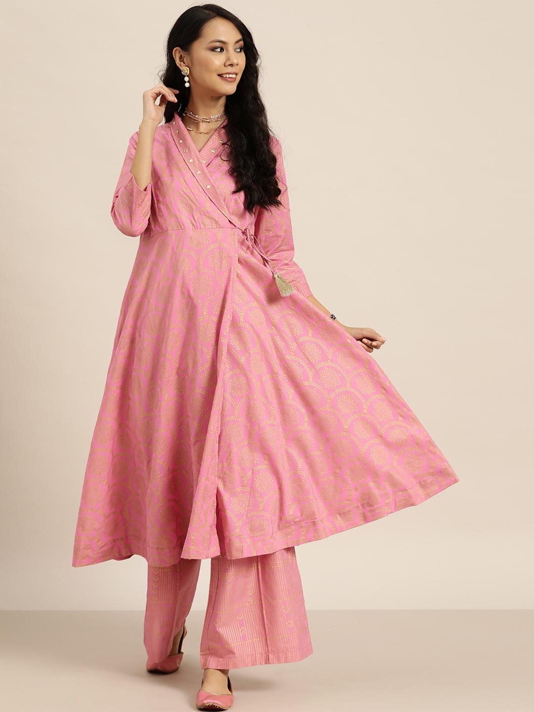 

Sangria Women Pink & Golden Printed Angrakha Mirror Work Pure Cotton Kurta with Palazzos