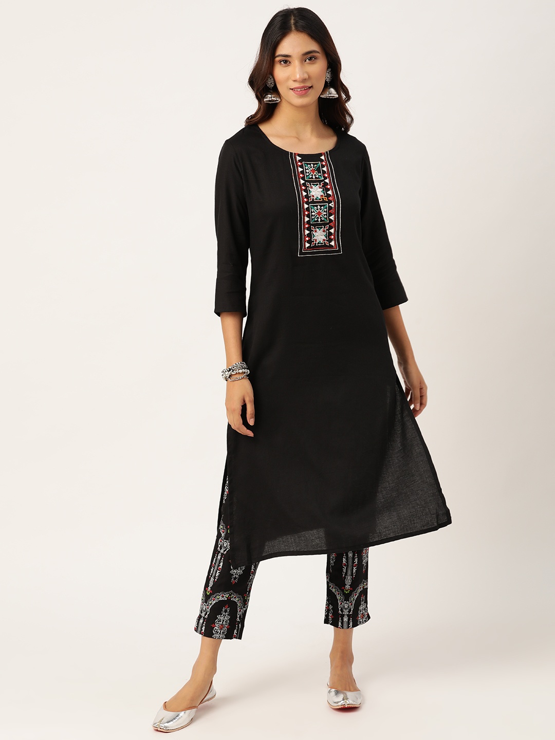 

Sangria Women Black Ethnic Motifs Thread Work Pure Cotton Kurta with Trousers