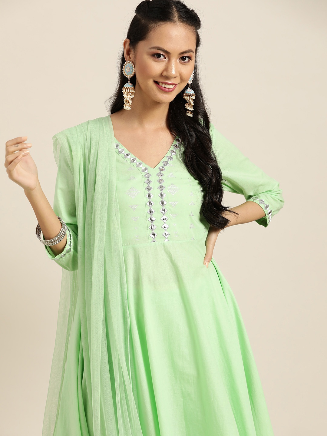 

Sangria Women Green & Silver Ethnic Yoke Design Cotton Kurta with Palazzos & Dupatta