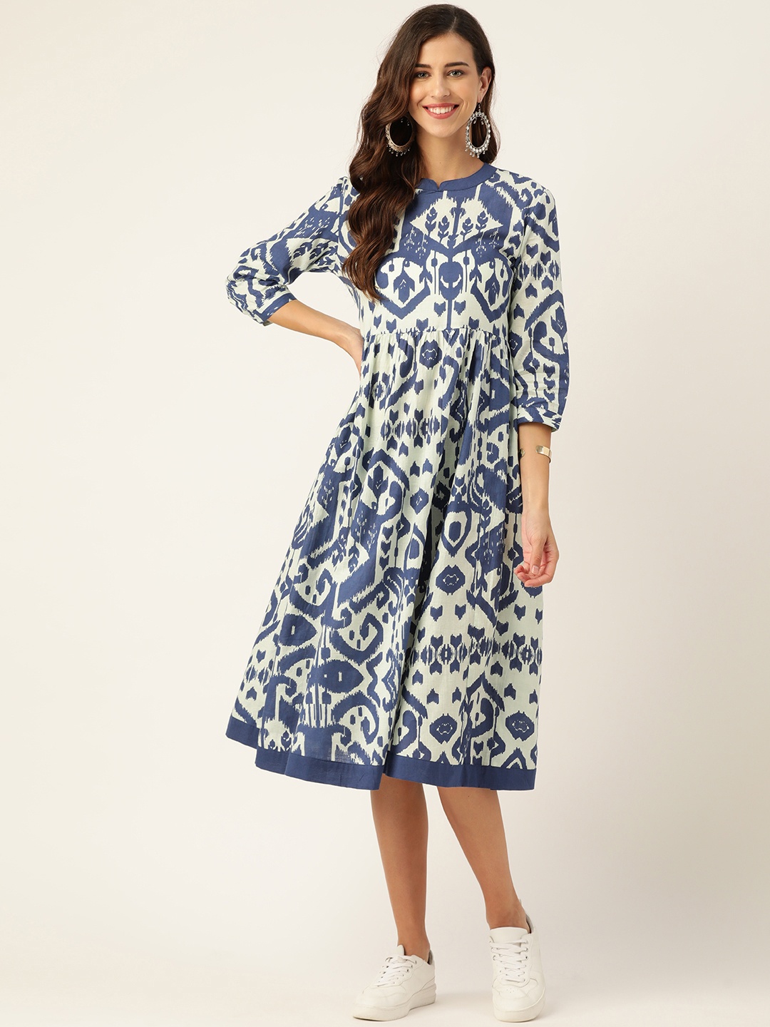 

Sangria White & Blue Pure Cotton Ethnic Motifs Print A-Line Midi Dress