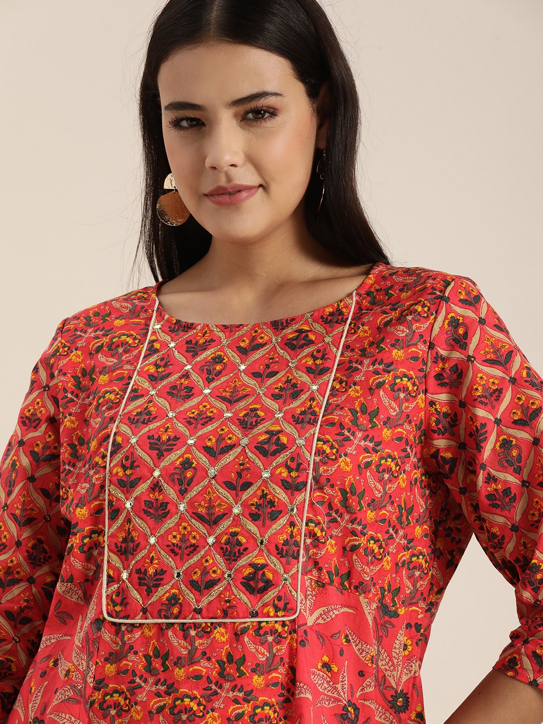 Sangria Women Pink Ethnic Motifs Printed Mirror Work Pure Cotton Kurta with Palazzos