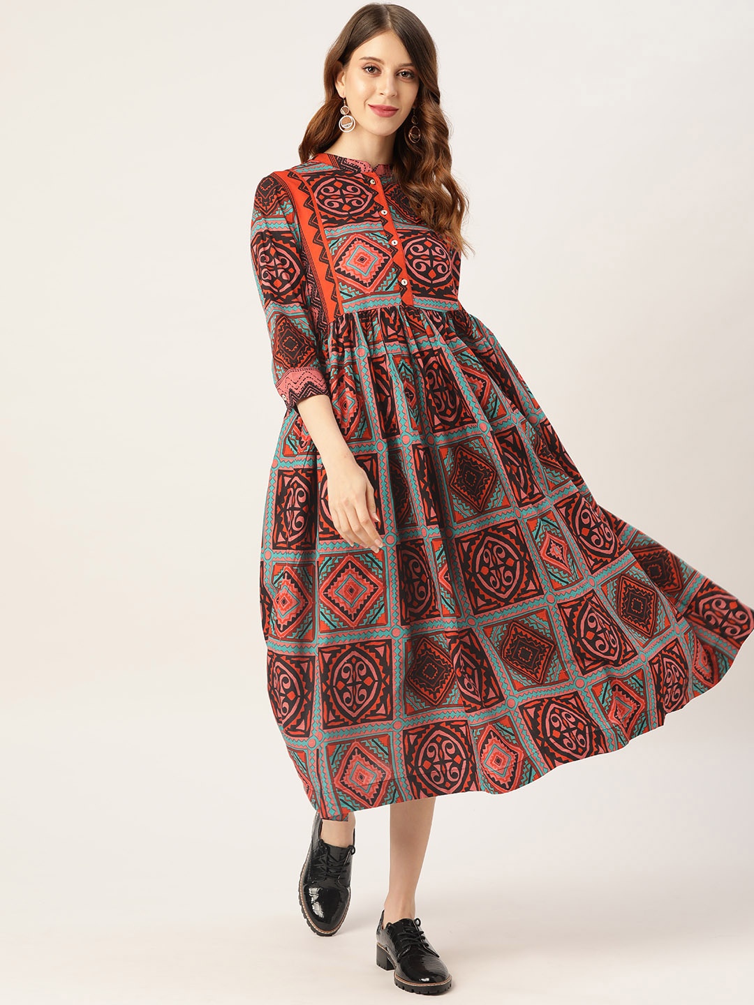 

Sangria Women Red & Black Ethnic Motifs Printed Pure Cotton A-Line Midi Dress