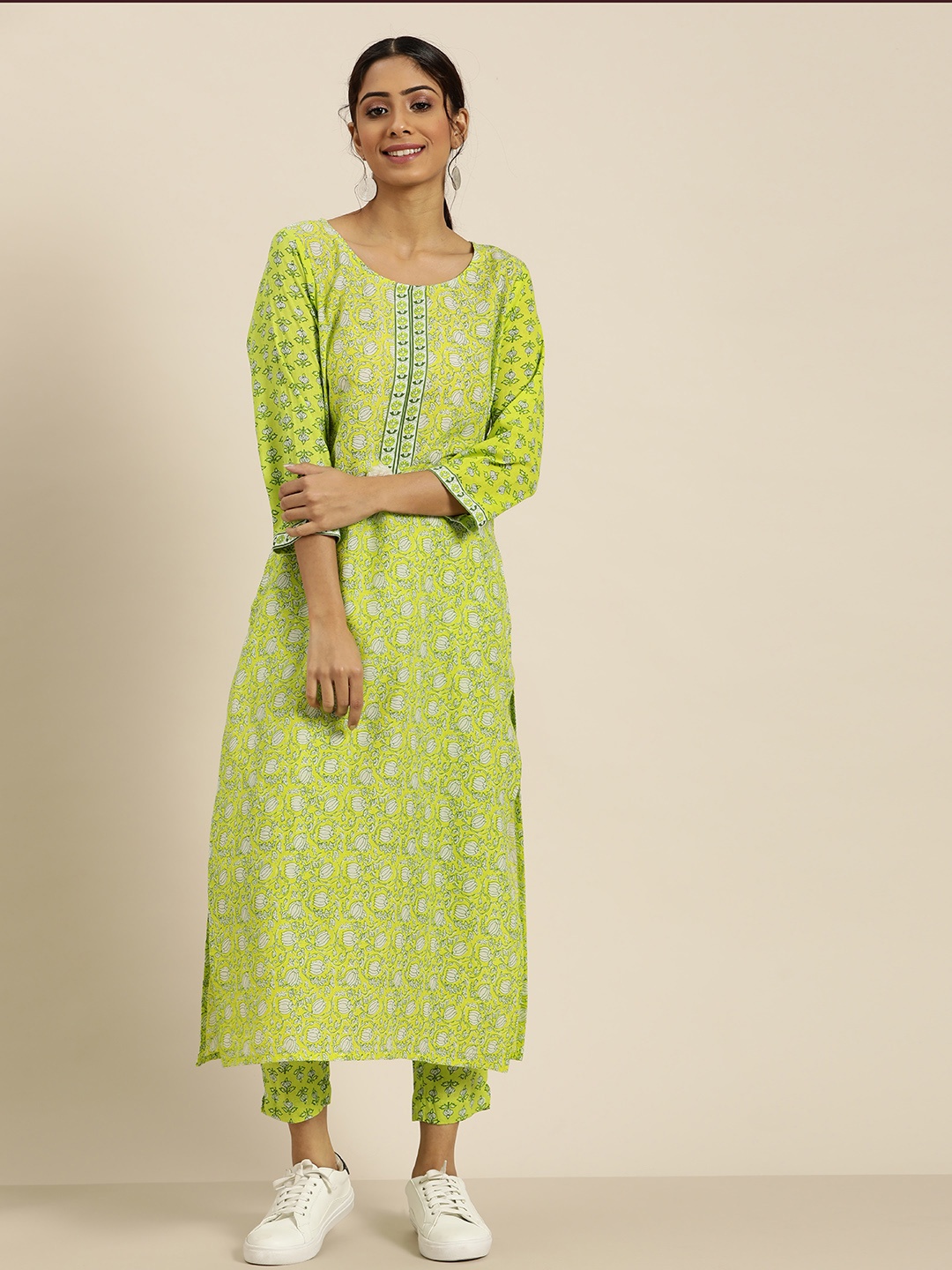 

Sangria Women Green & White Ethnic Motifs Printed Pure Cotton Kurta with Trousers