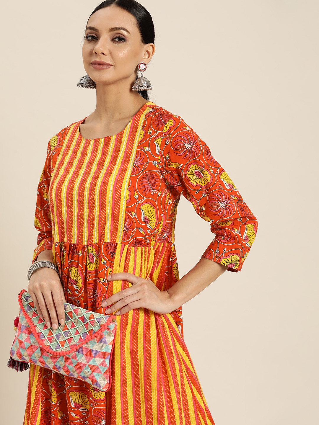 

Sangria Women Orange & Yellow Printed Panelled Gotta Patti Pure Cotton Kurta with Trousers