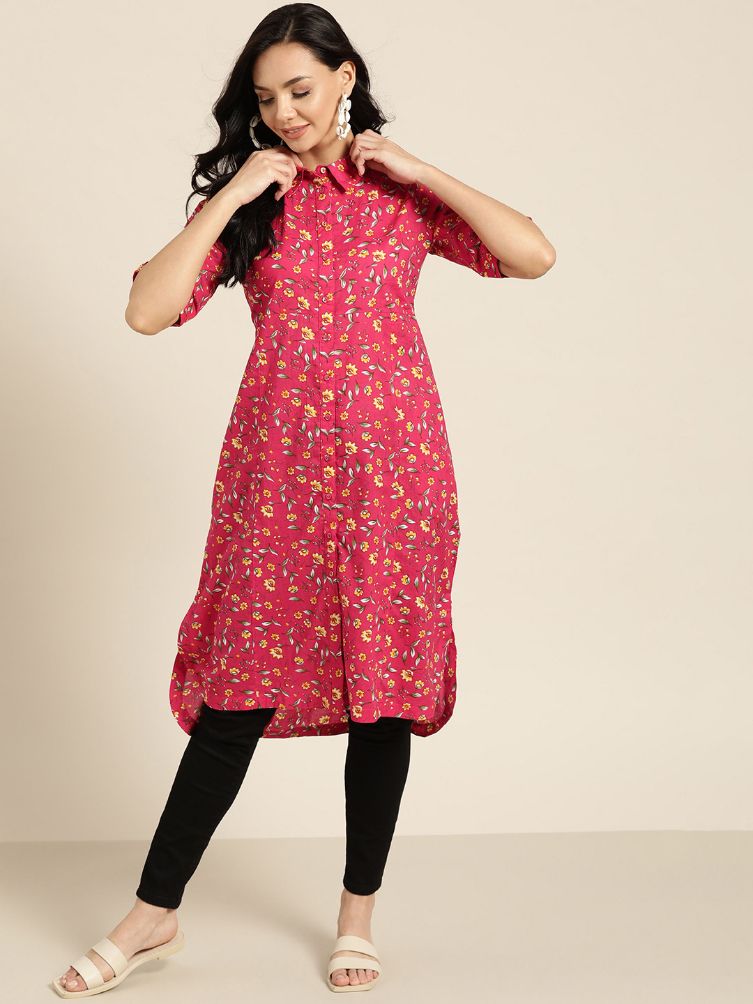 

Sangria Women Pink & Yellow High-Low Floral Printed Cotton Floral Fusion Kurta