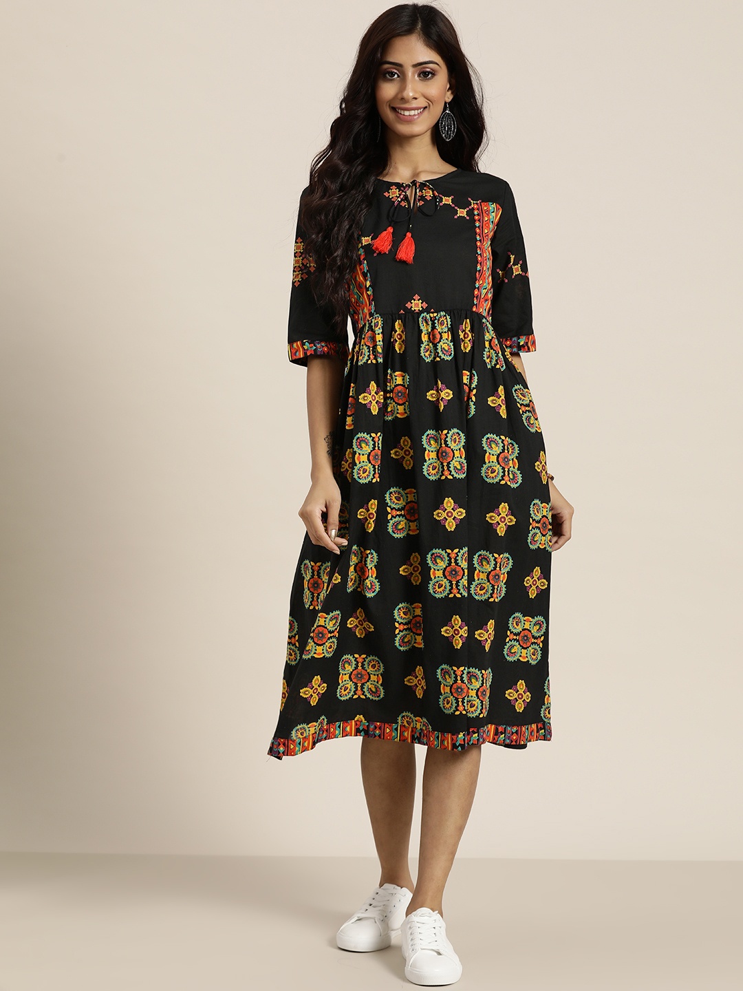 

Sangria Black & Mustard Yellow Pure Cotton Ethnic Printed Tie-Up Neck A-Line Midi Dress