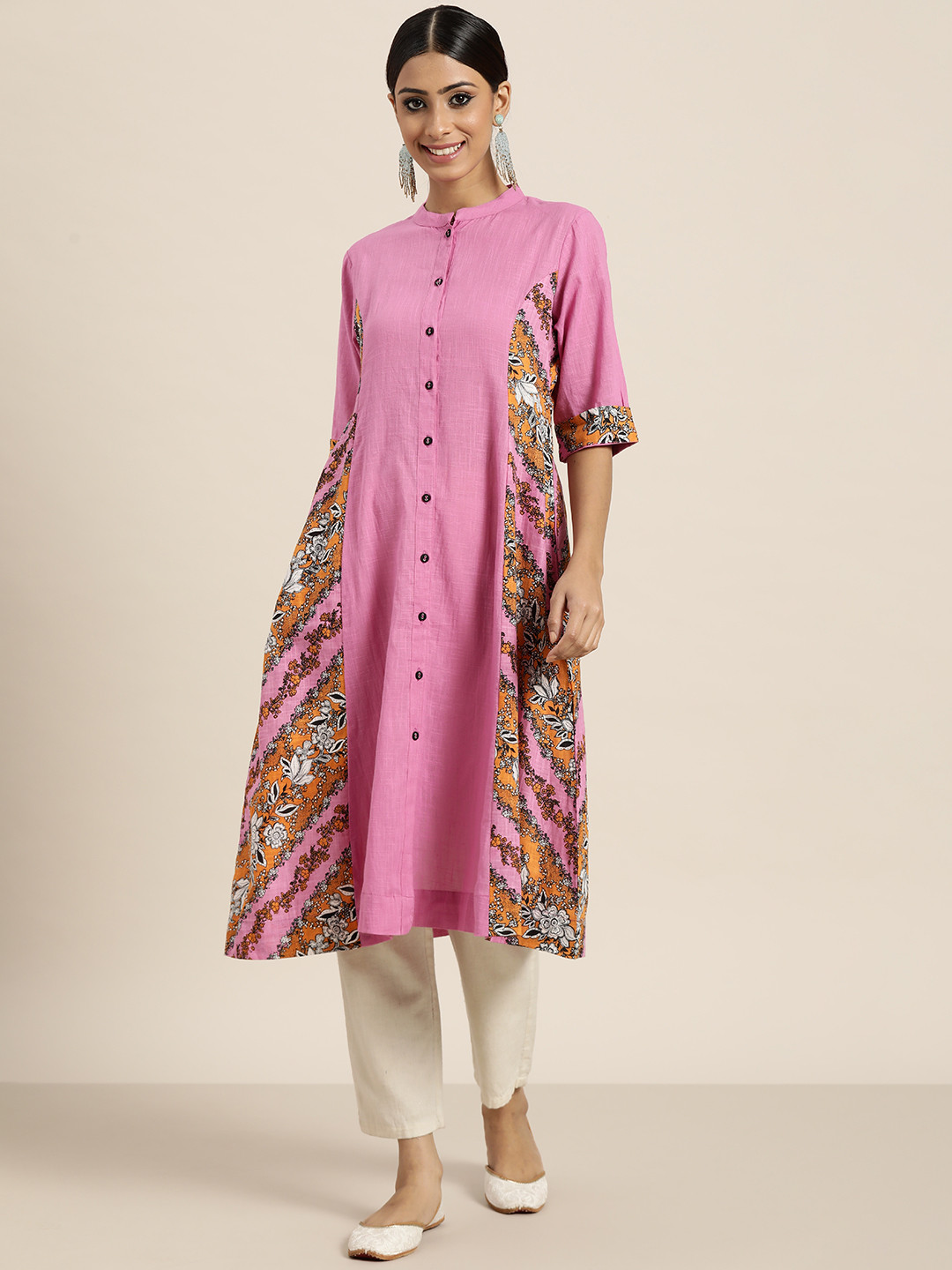 

Sangria Women Pink & Mustard Orange Pure Cotton Ethnic Motifs Print A-line Kurta