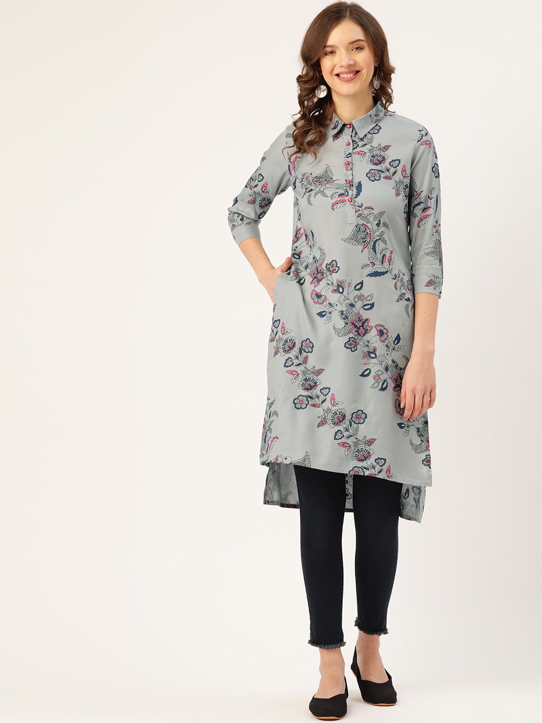 

Sangria Women Grey & Blue Ethnic Motifs Printed Kurta