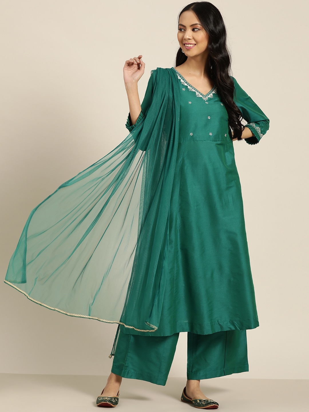 

Sangria Women Green Yoke Design A-Line Kurta with Palazzos & With Dupatta