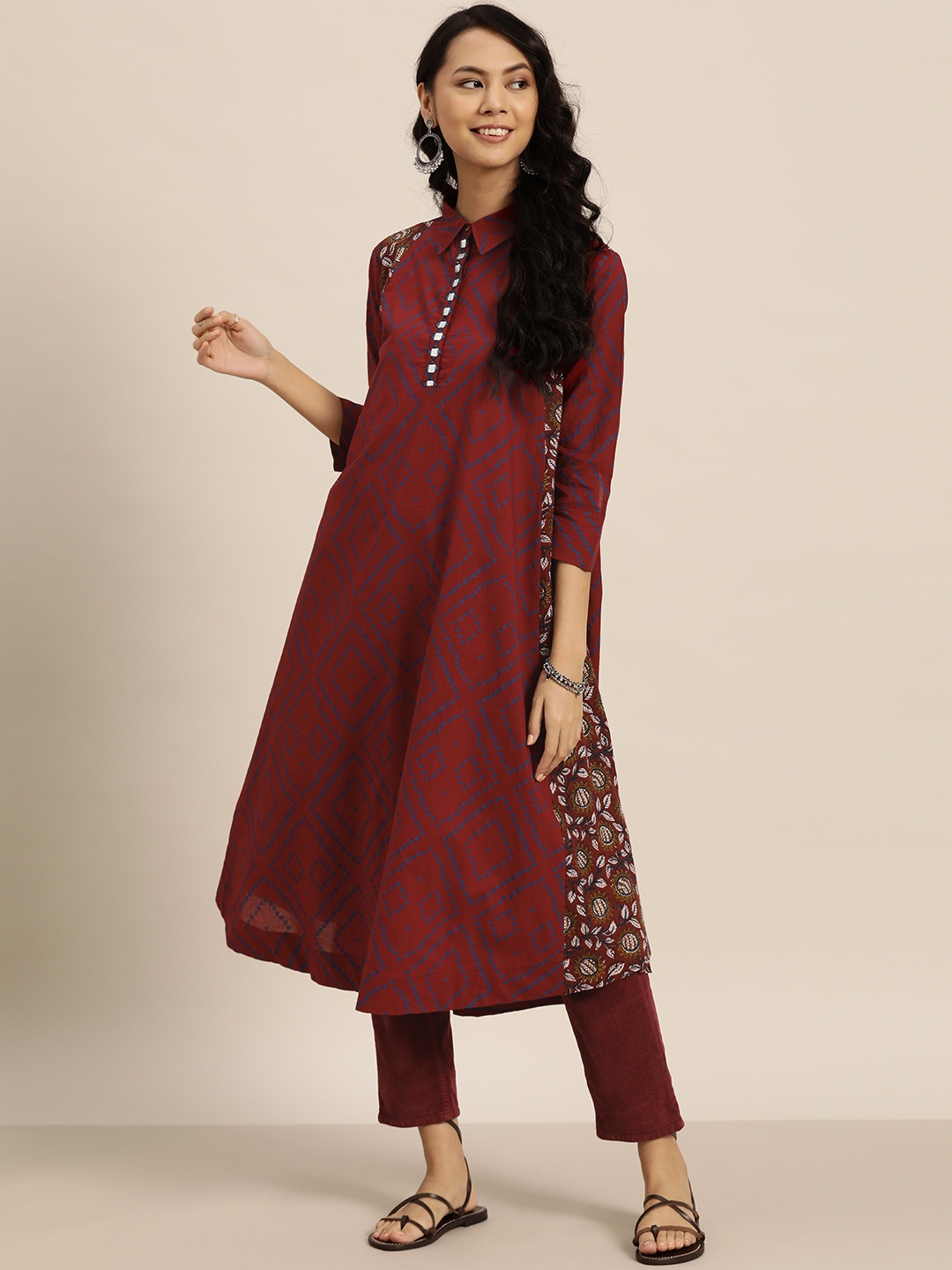 

Sangria Women Maroon & Navy Blue Geometric Printed Cotton A-Line Kurta