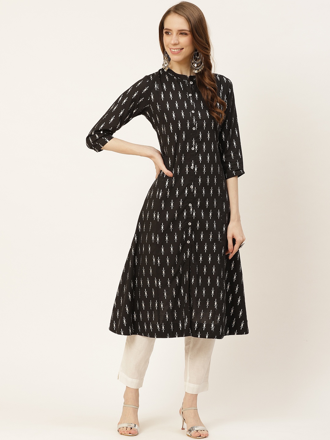 

Sangria Women Black & White Pure Cotton Ethnic Motifs Printed Kurta