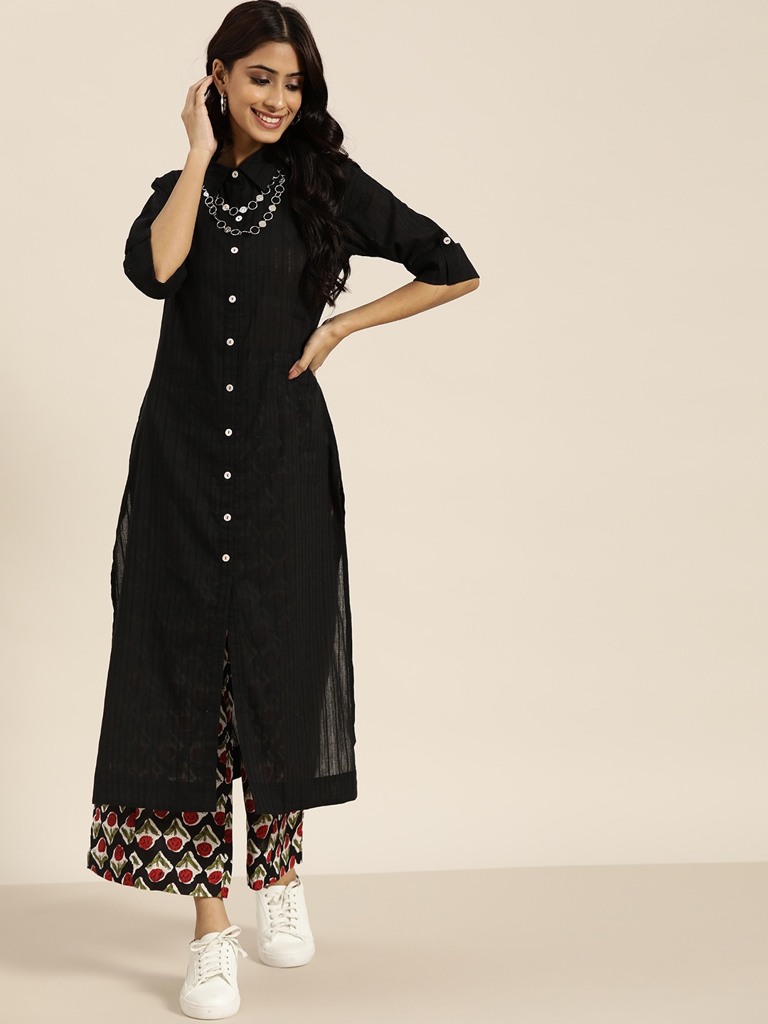 

Sangria Women Black Pure Cotton Self-Striped Kurta with Palazzos