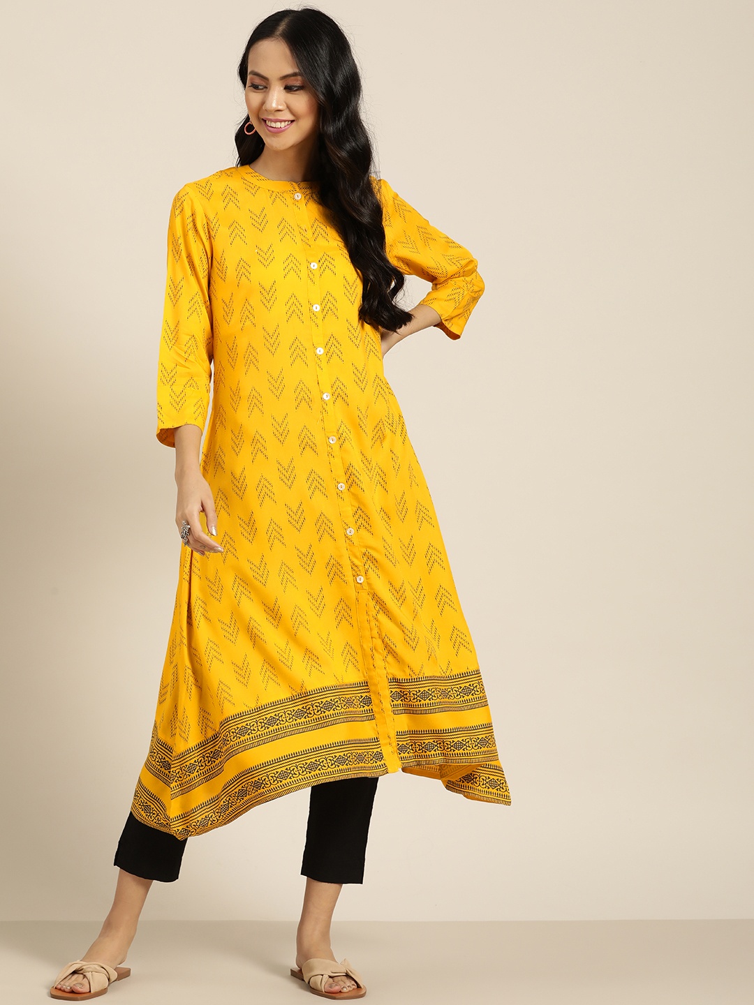 

Sangria Women Yellow & Charcoal Grey Ethnic Motifs Printed A-Line Kurta