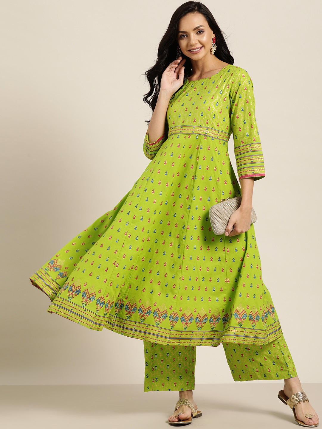 

Sangria Women Green & Pink Ethnic Motifs Printed Pure Cotton Kurta with Palazzos