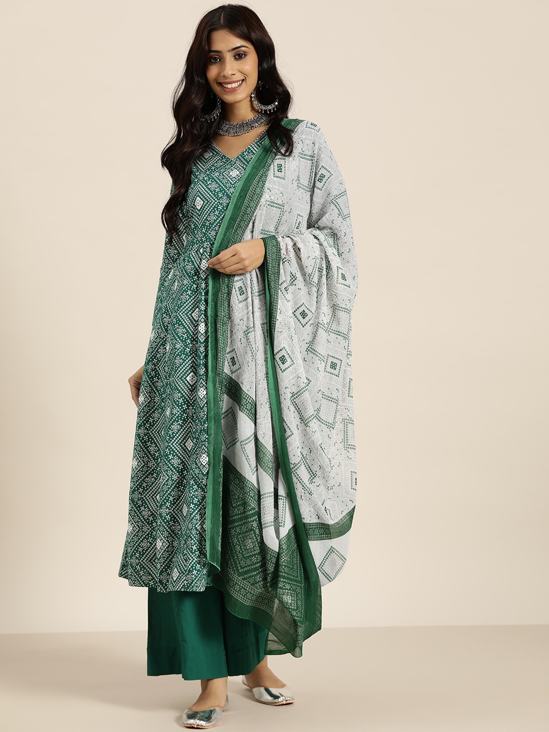 

Sangria Women Green Pure Cotton Bandhani Printed Angrakha Kurta with Palazzos & Dupatta