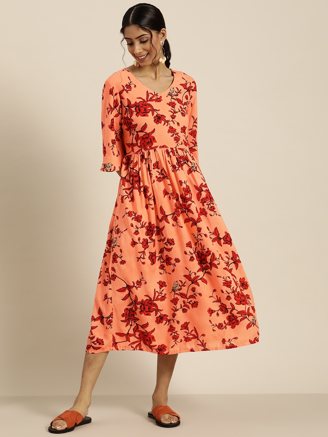 

Sangria Peach-Coloured & Red Floral Print Gathered Cotton A-Line Midi Dress