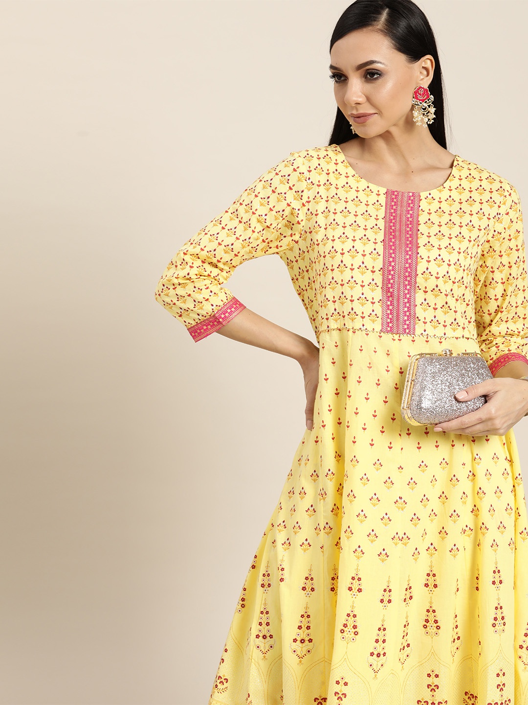 

Sangria Women Yellow & Pink Ethnic Motifs Printed Gotta Patti A-line Kurta