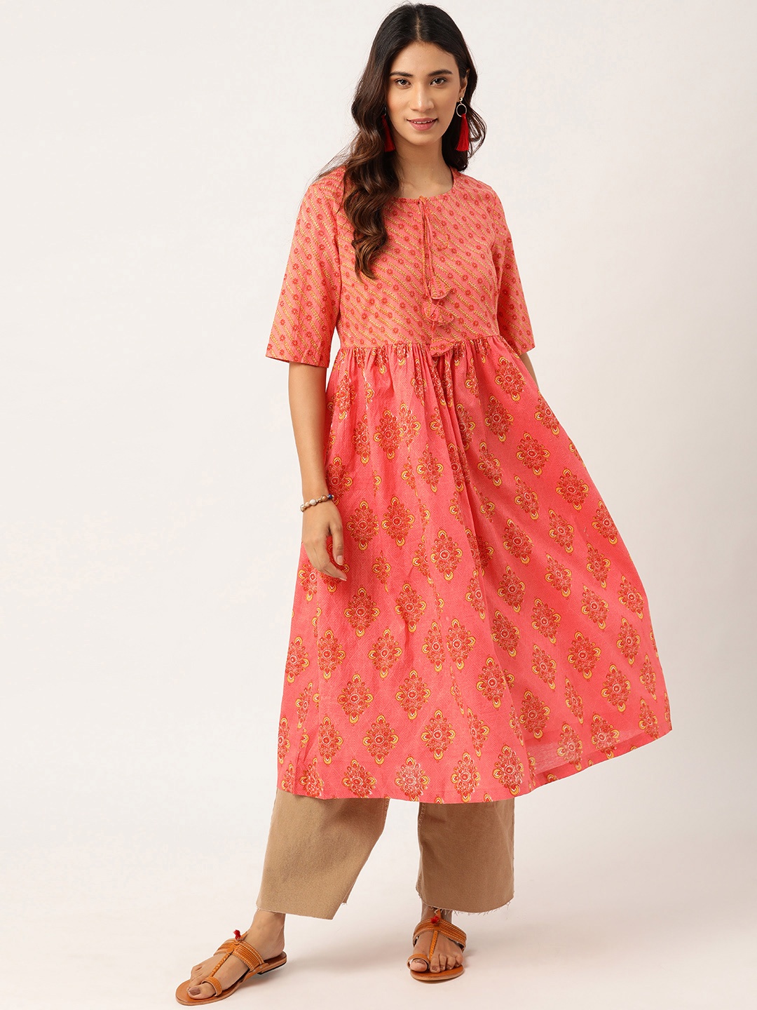 

Sangria Women Pink & Yellow Pure Cotton Ethnic Motifs Printed Kurta