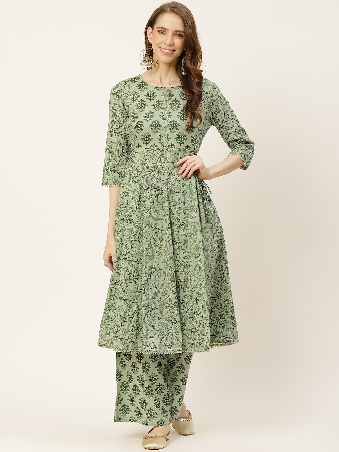 

Sangria Women Green Pure Cotton Ethnic Motifs Print Kurta with Palazzos