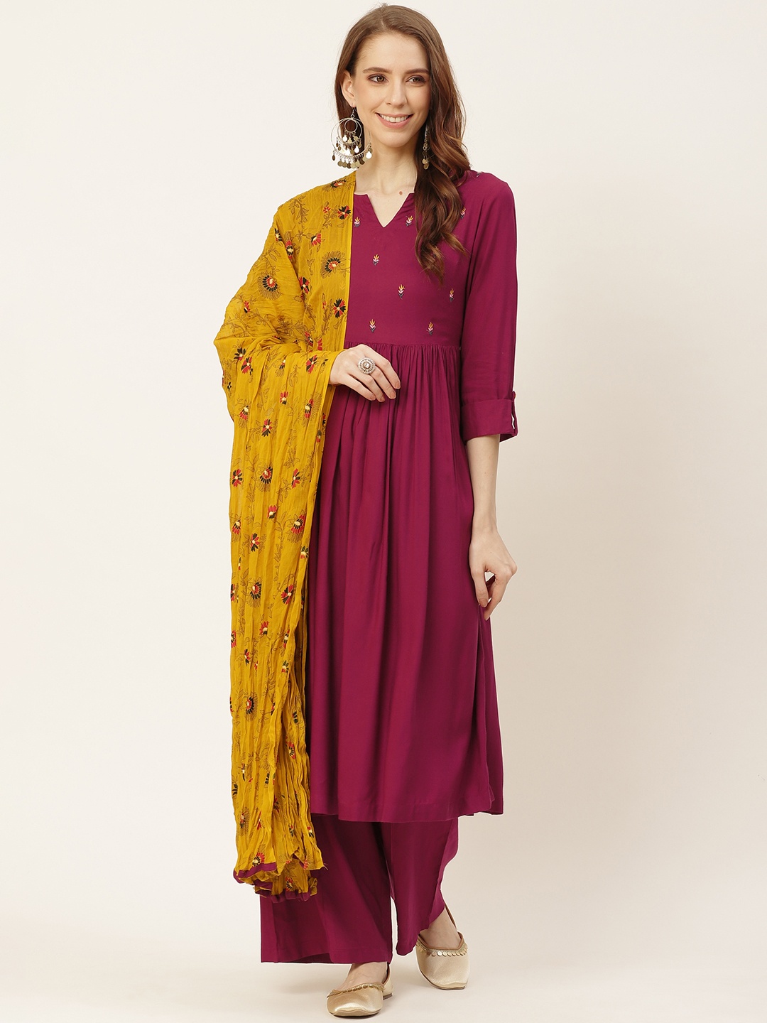 

Sangria Women Maroon Yoke Design Kurta with Palazzos & Dupatta