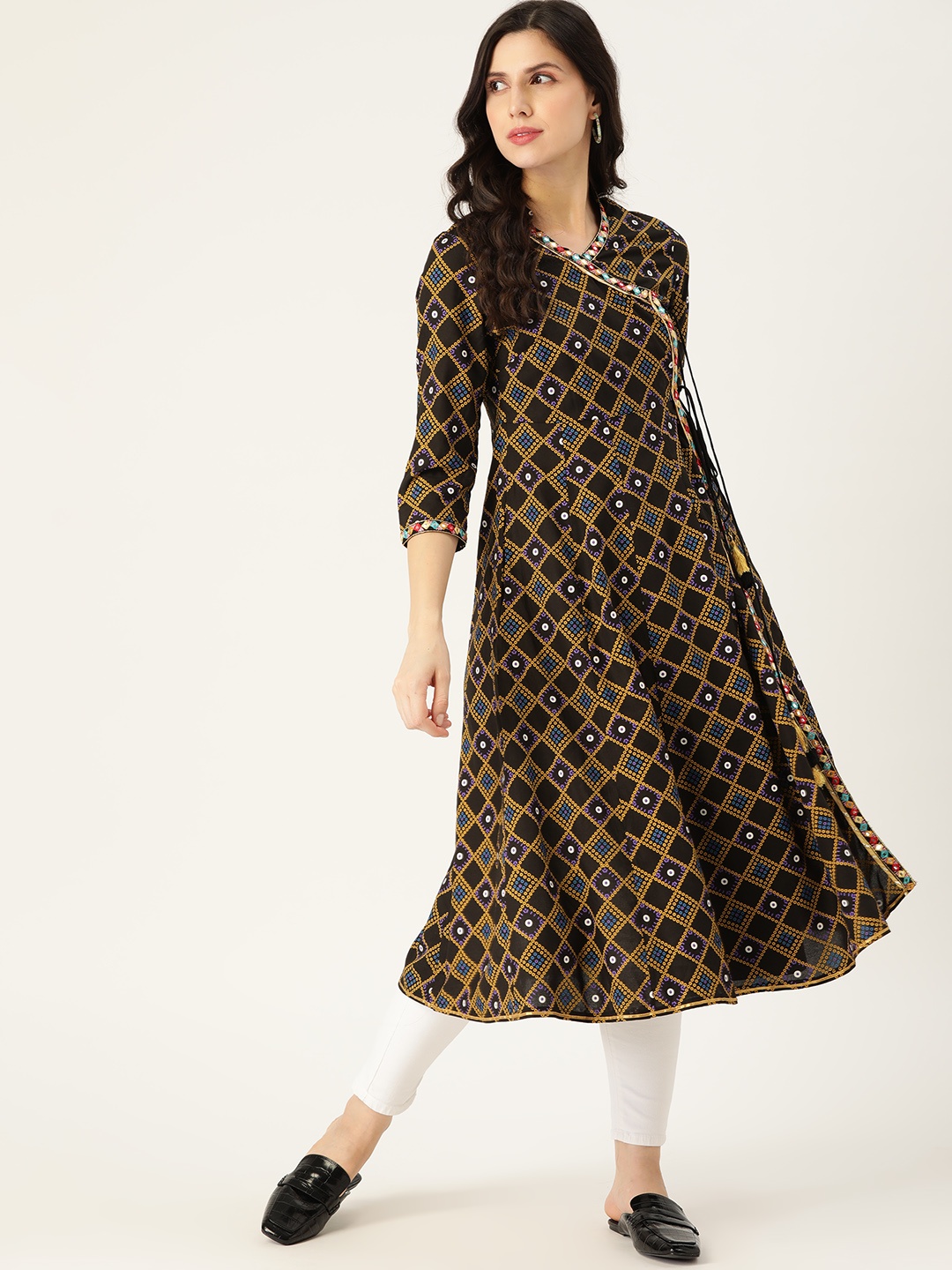 

Sangria Women Black & Yellow Geometric Print Mirror Work Angrakha A-Line Kurta