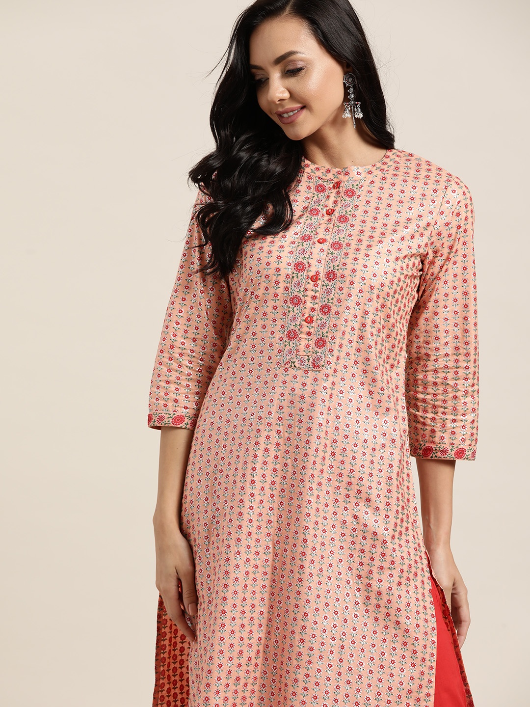 

Sangria Women Pink & Red Ethnic Motifs Printed Pure Cotton Kurta with Palazzos