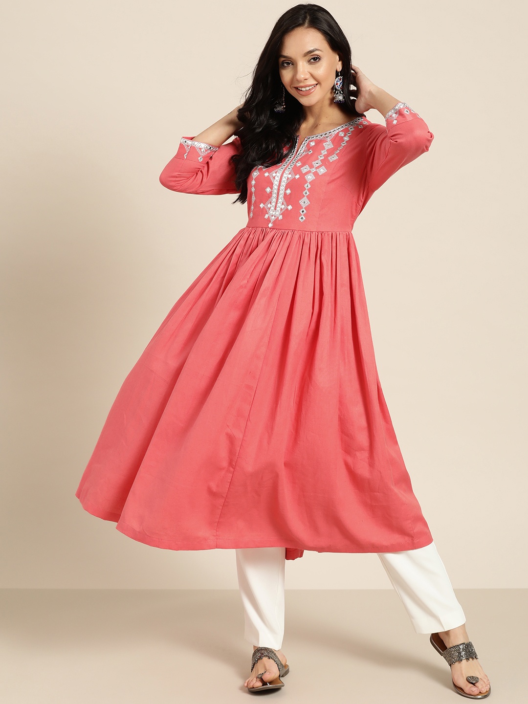 

Sangria Women Coral & Silver Pure Cotton Yoke Design Anarkali Kurta