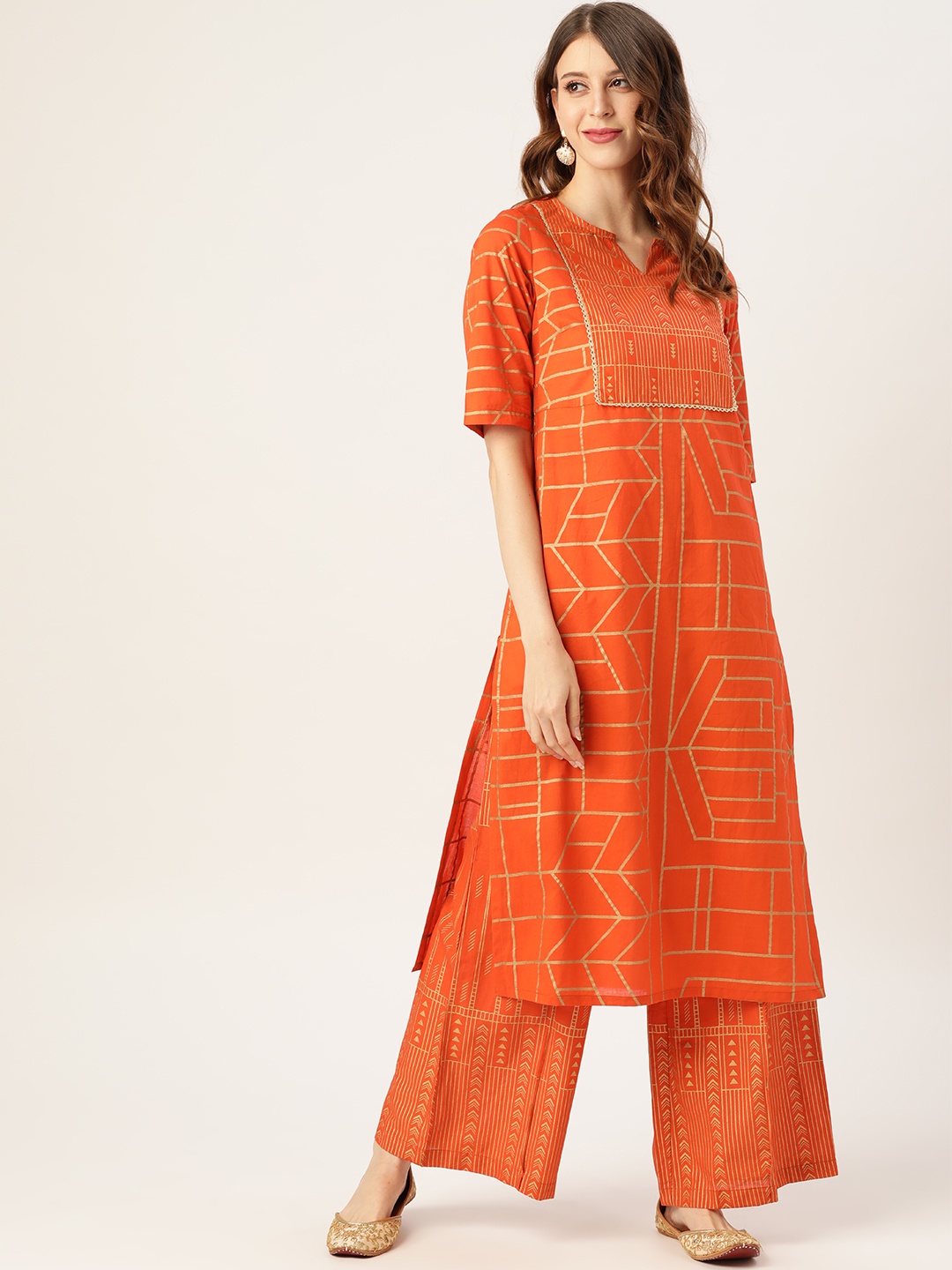 

Sangria Women Orange & Golden Printed Kurta with Palazzos