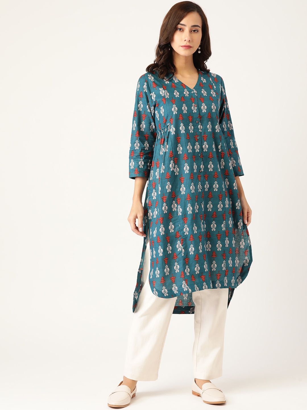 

Sangria Women Blue & Rust Ethnic Motifs Printed Kurta