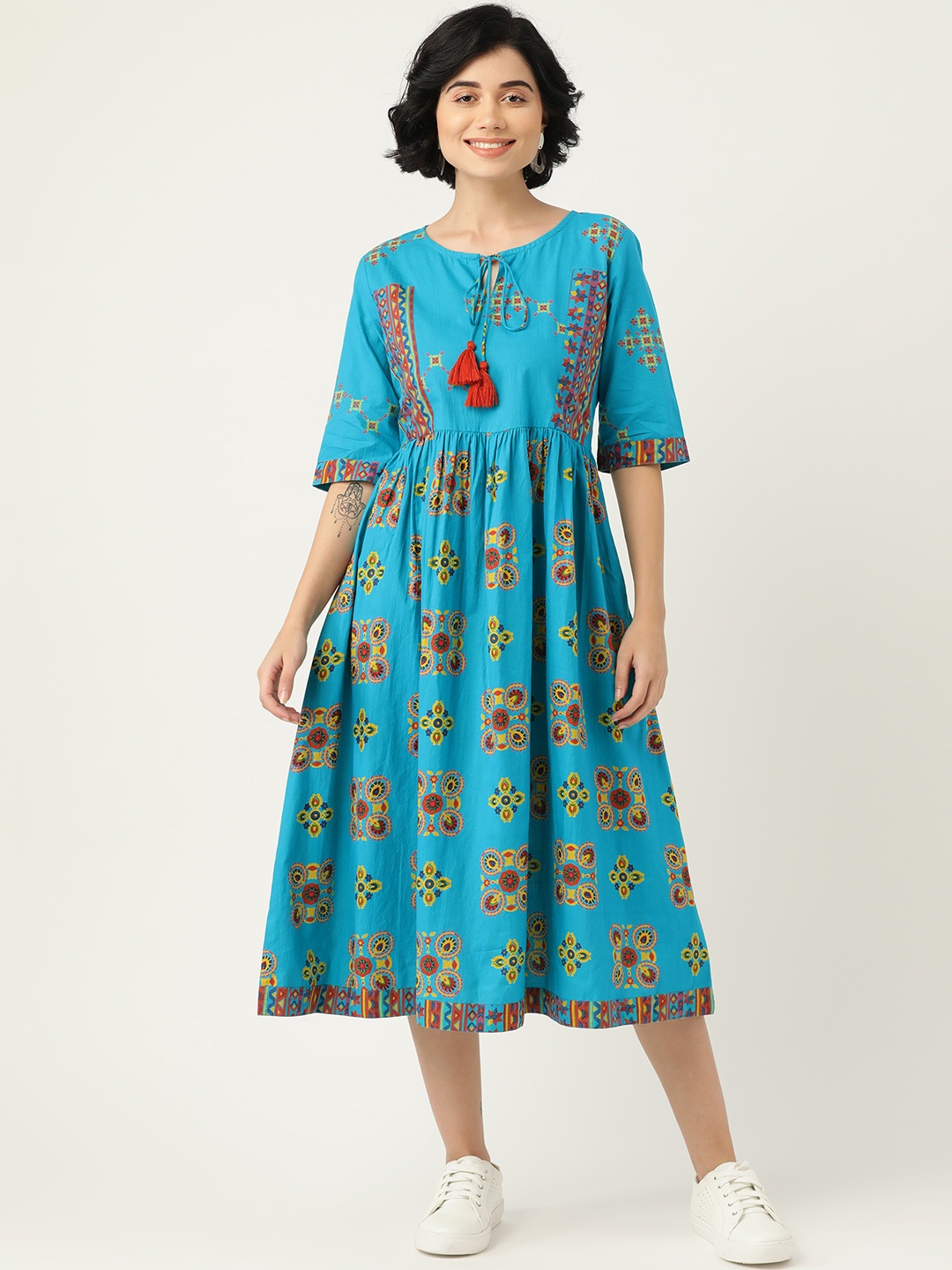 

Sangria Blue & Red Ethnic Motifs Tie-Up Neck Pure Cotton A-Line Dress