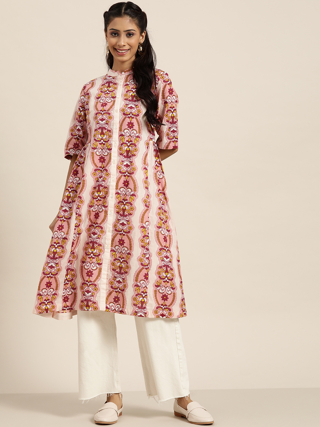 

Sangria Women White & Pink Ethnic Motifs Print Cotton A-line Kurta