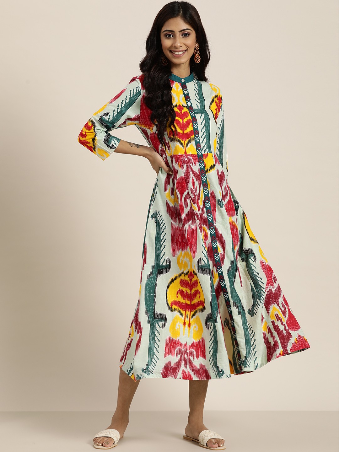 

Sangria Green & Maroon Pure Cotton Ethnic Motifs Midi A-Line Dress