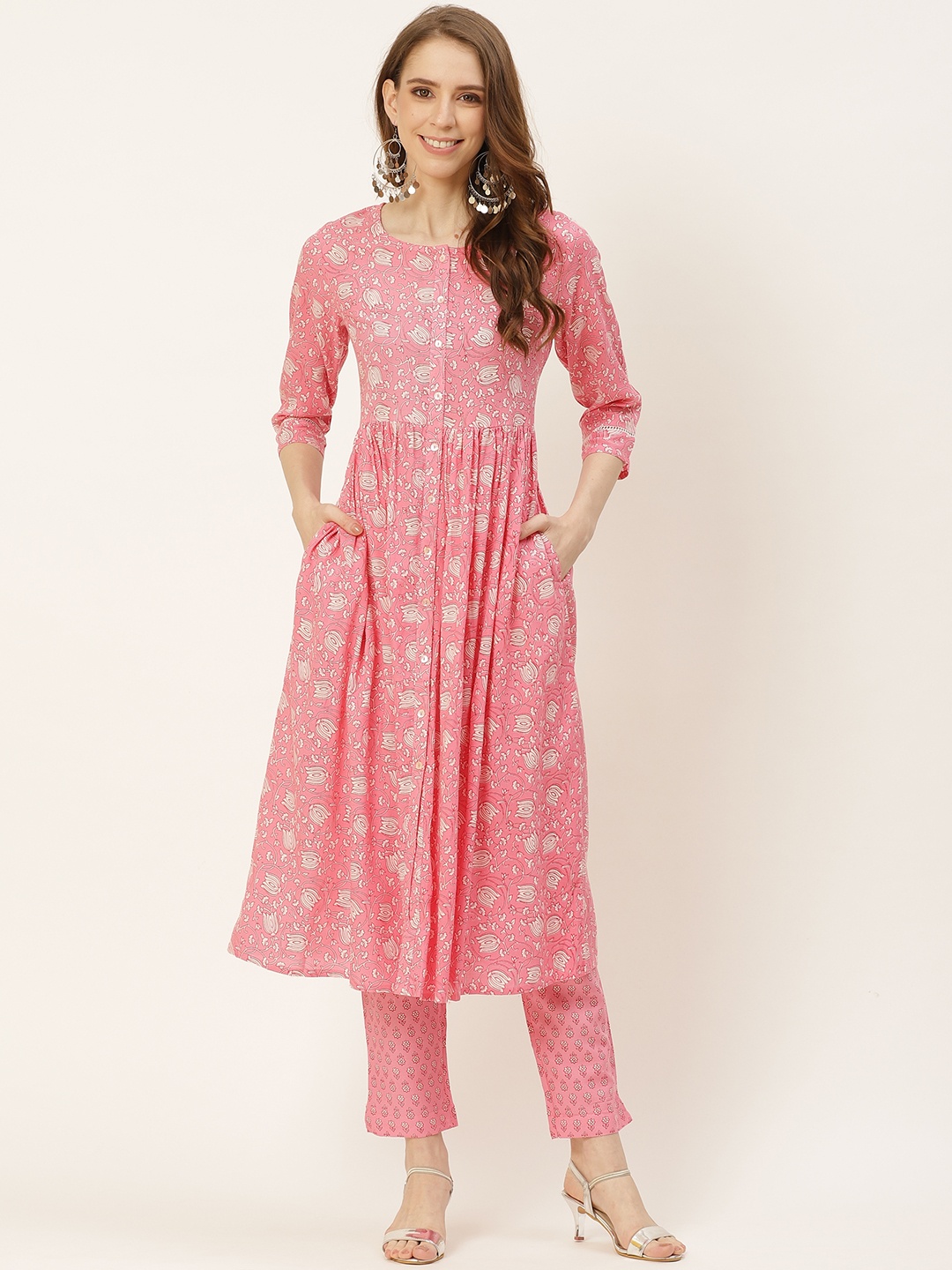 

Sangria Women Pink Pure Cotton Ethnic Motifs Print Kurta with Trousers