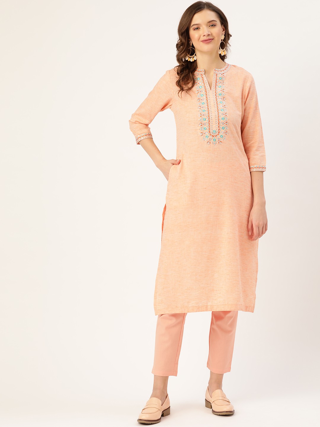

Sangria Women Peach-Coloured & Silver Yoke Design Pure Cotton Thread Work Kurta