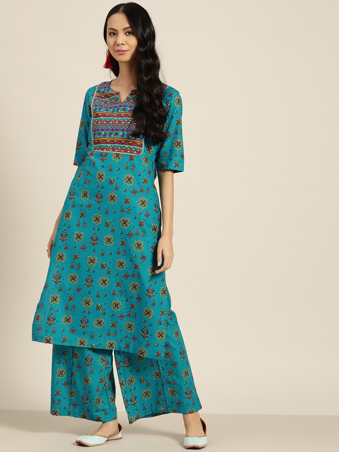 

Sangria Women Blue & Red Printed Pure Cotton Kurta with Palazzos
