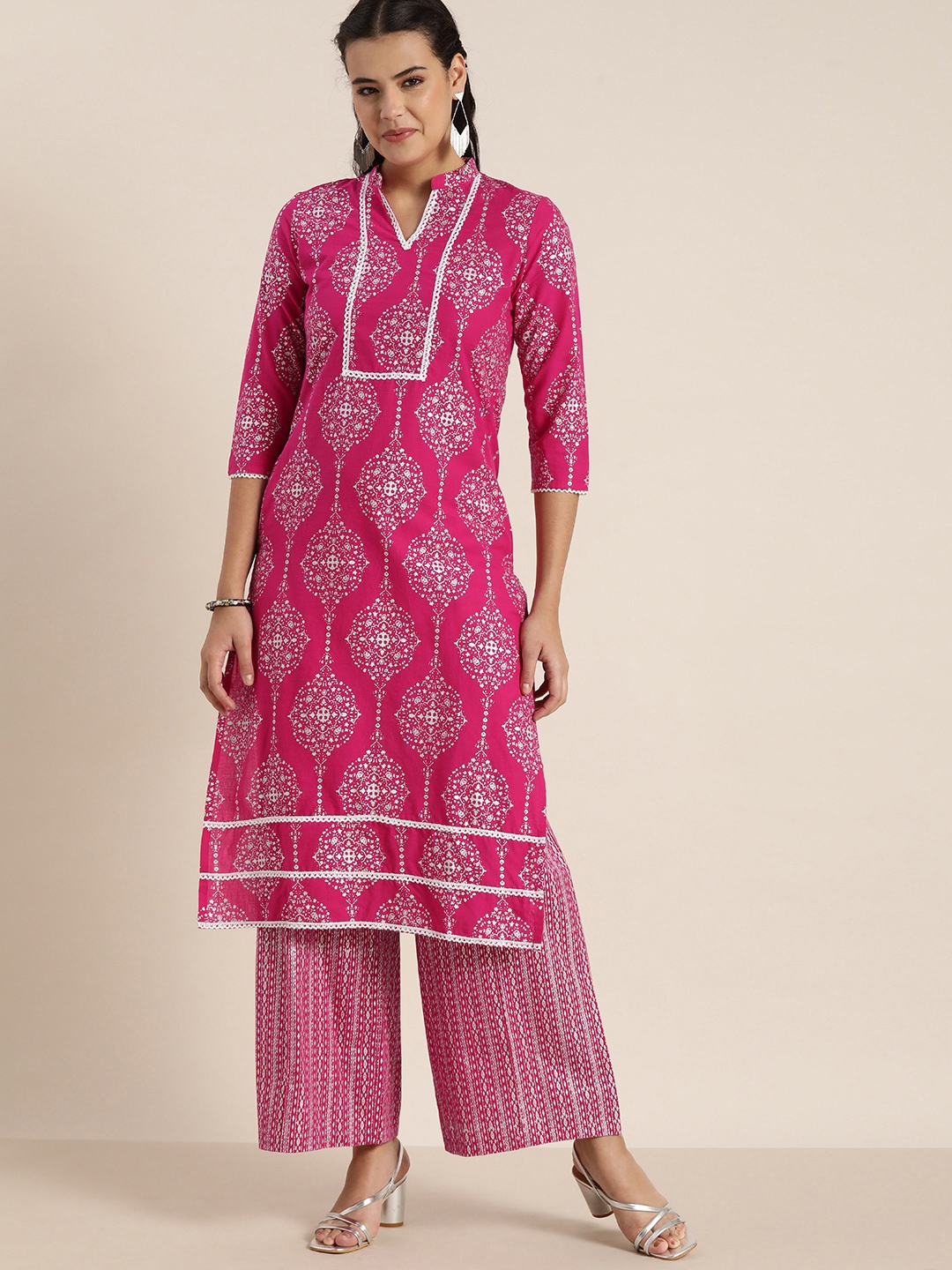 

Sangria Women Pink Printed Pure Cotton Kurta with Palazzos