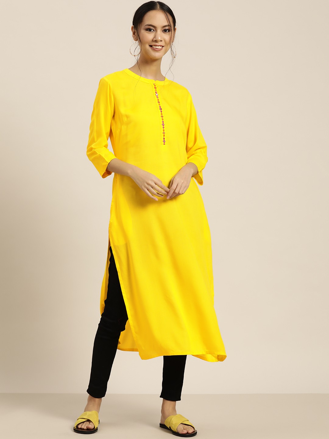 

Sangria Women Yellow Solid Mirror Work Detail Straight Kurta