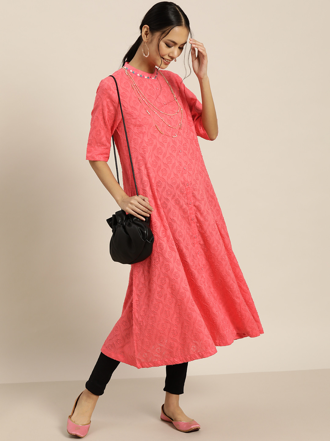 

Sangria Women Coral Ethnic Motifs Woven Design Thread Work Cotton Panelled Anarkali Kurta