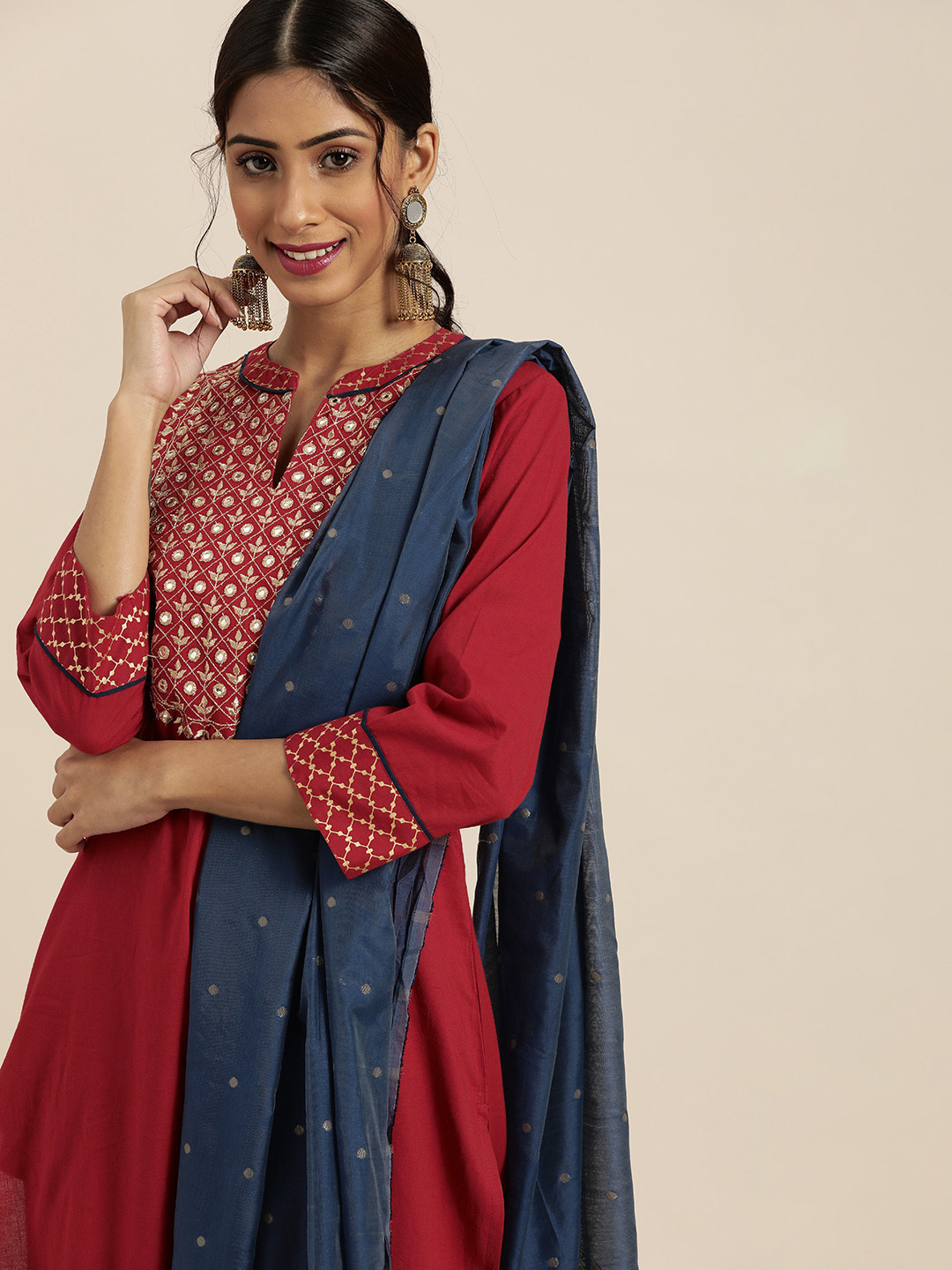 

Sangria Women Maroon Ethnic Motifs Yoke Design Pure Cotton Kurta with Trousers & Dupatta