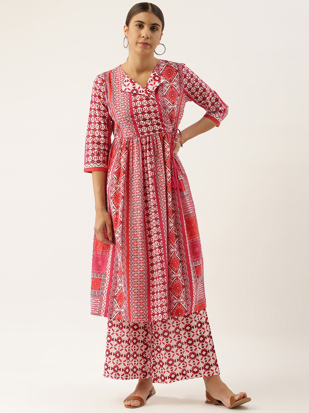 

Sangria Women Off White Printed Angrakha Pure Cotton Kurta with Palazzos