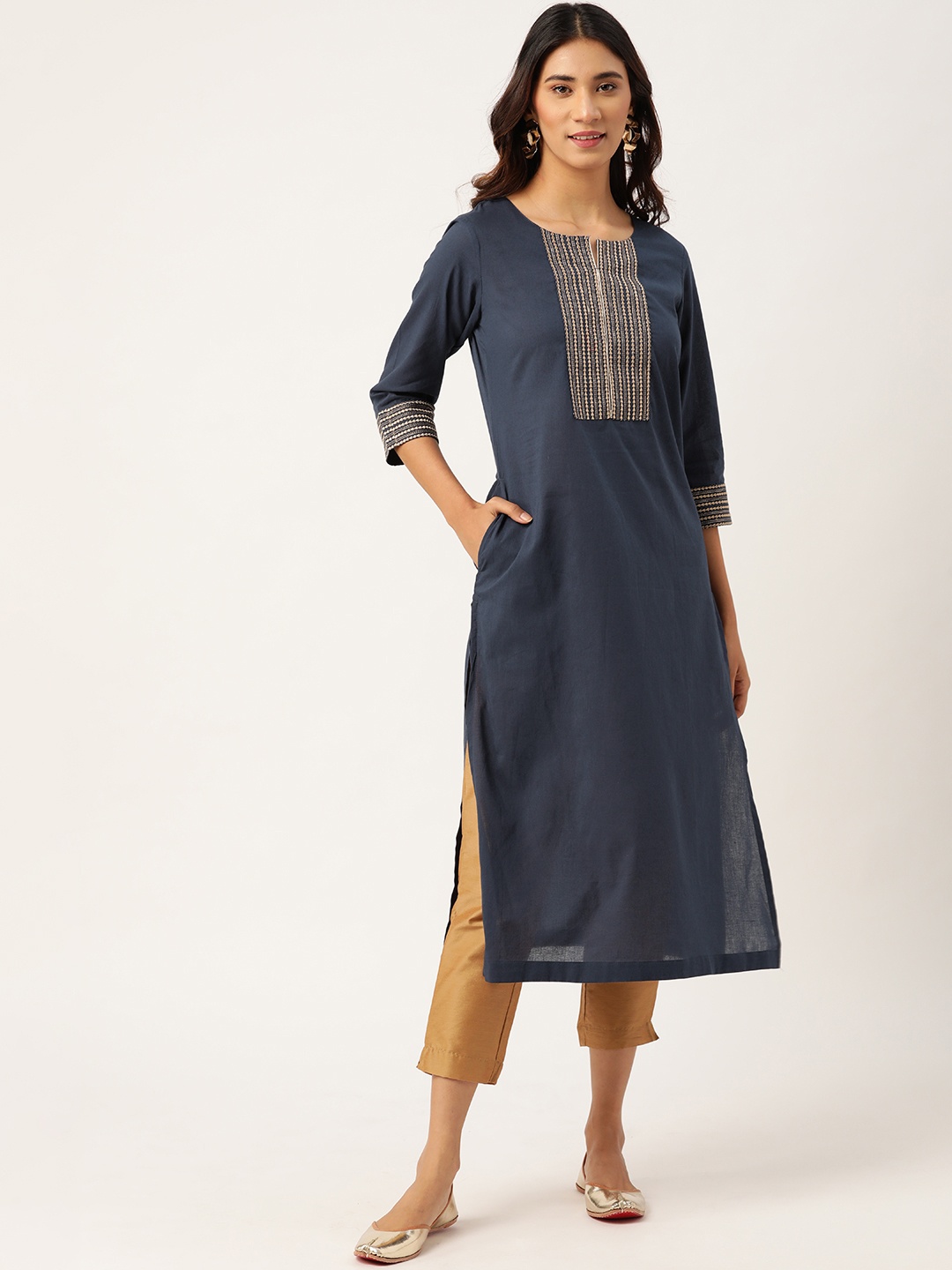 

Sangria Women Navy Blue & Golden Yoke Design Pure Cotton Kurta