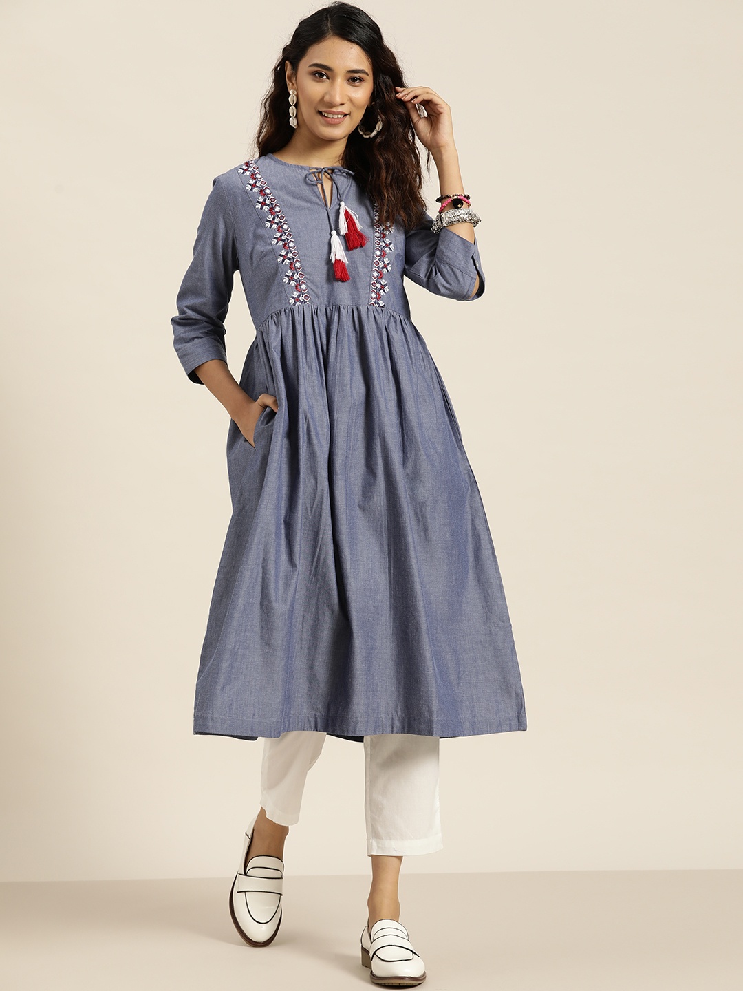 

Sangria Women Blue & Red Cotton Embroidered Yoke Chambray A-Line Kurta with Taselles