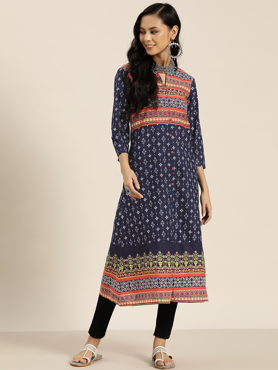 

Sangria Women Navy Blue & Orange Ethnic Motifs Printed Pure Cotton A-Line Kurta