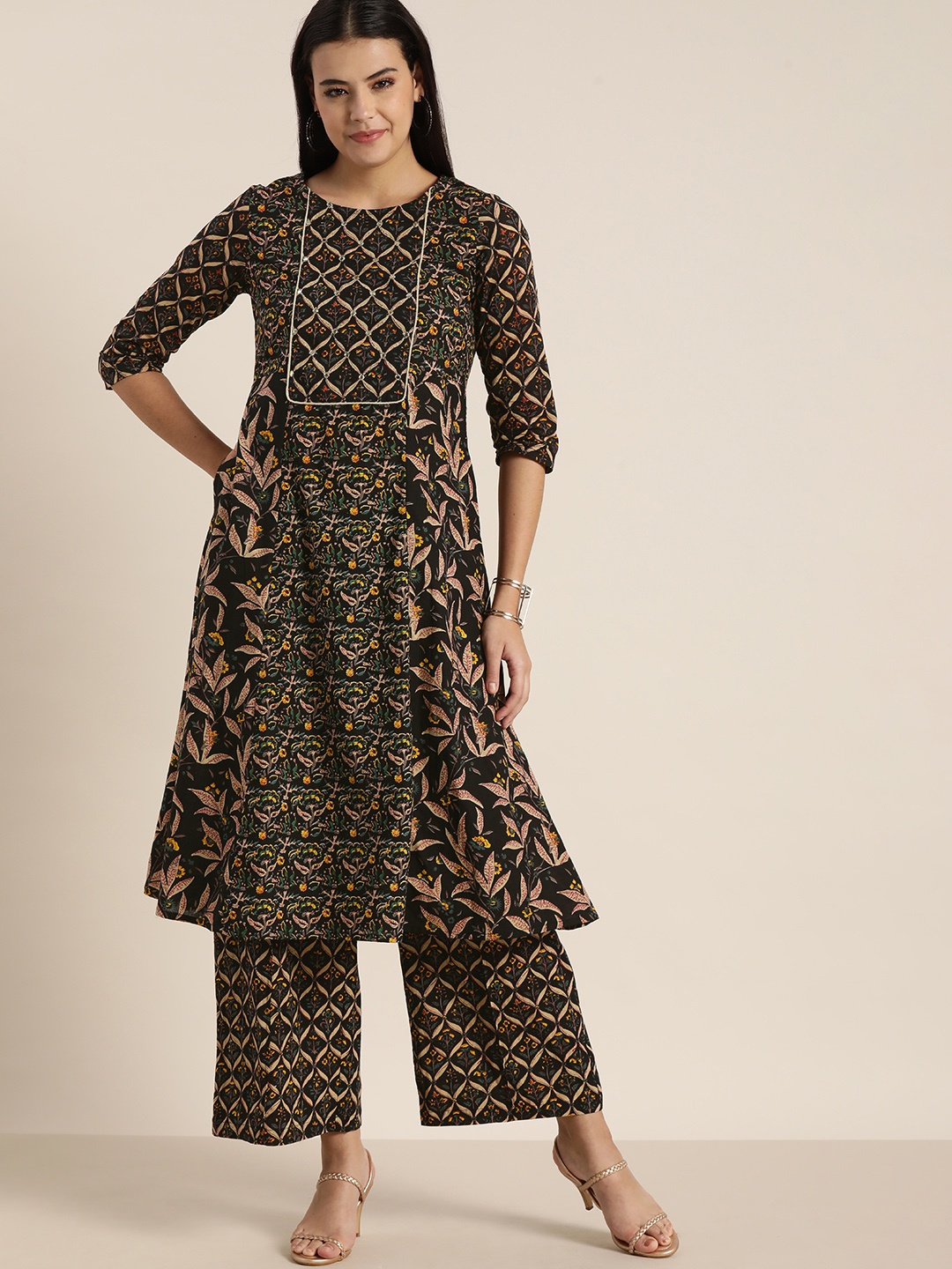 

Sangria Women Black Ethnic Motifs Printed Mirror Work Pure Cotton Kurta with Palazzos