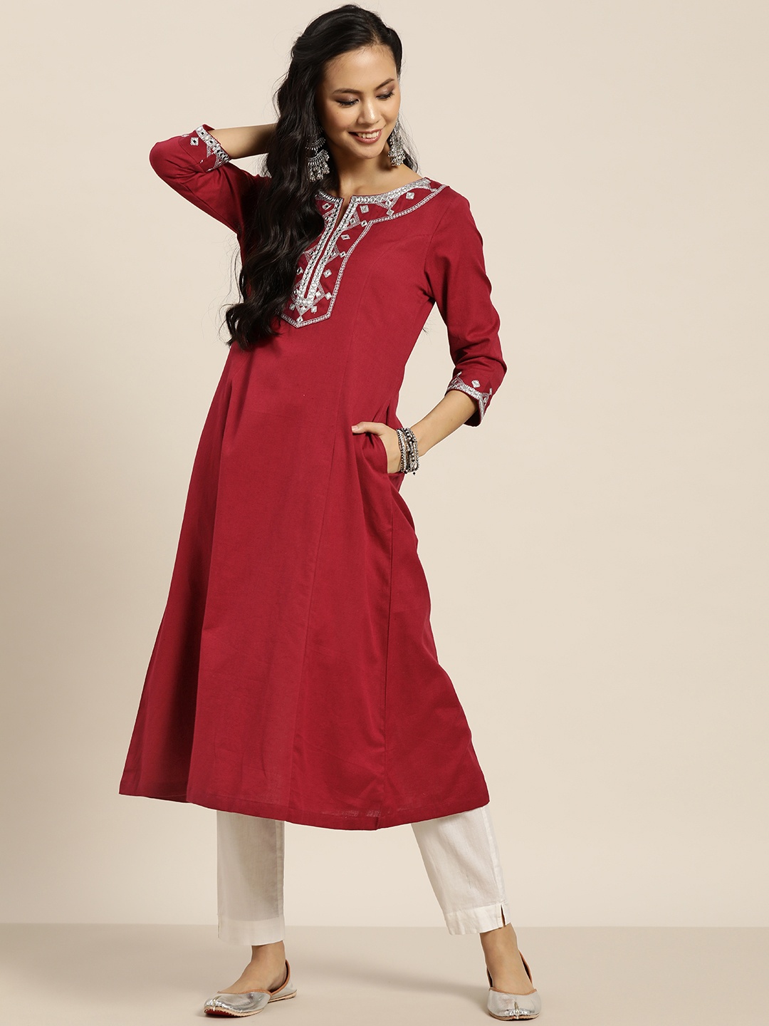 

Sangria Women Maroon Yoke Design Mirror Work A-Line Kurta