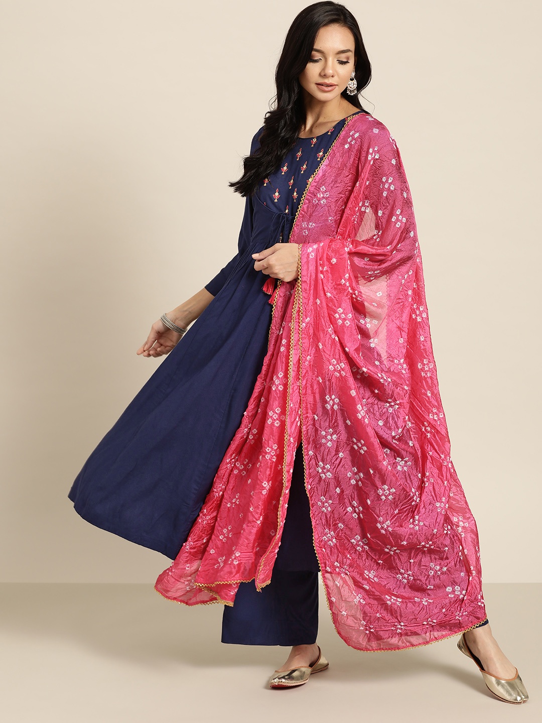 

Sangria Women Navy Blue & Pink Yoke Design Pleated Kurta with Palazzos & Dupatta