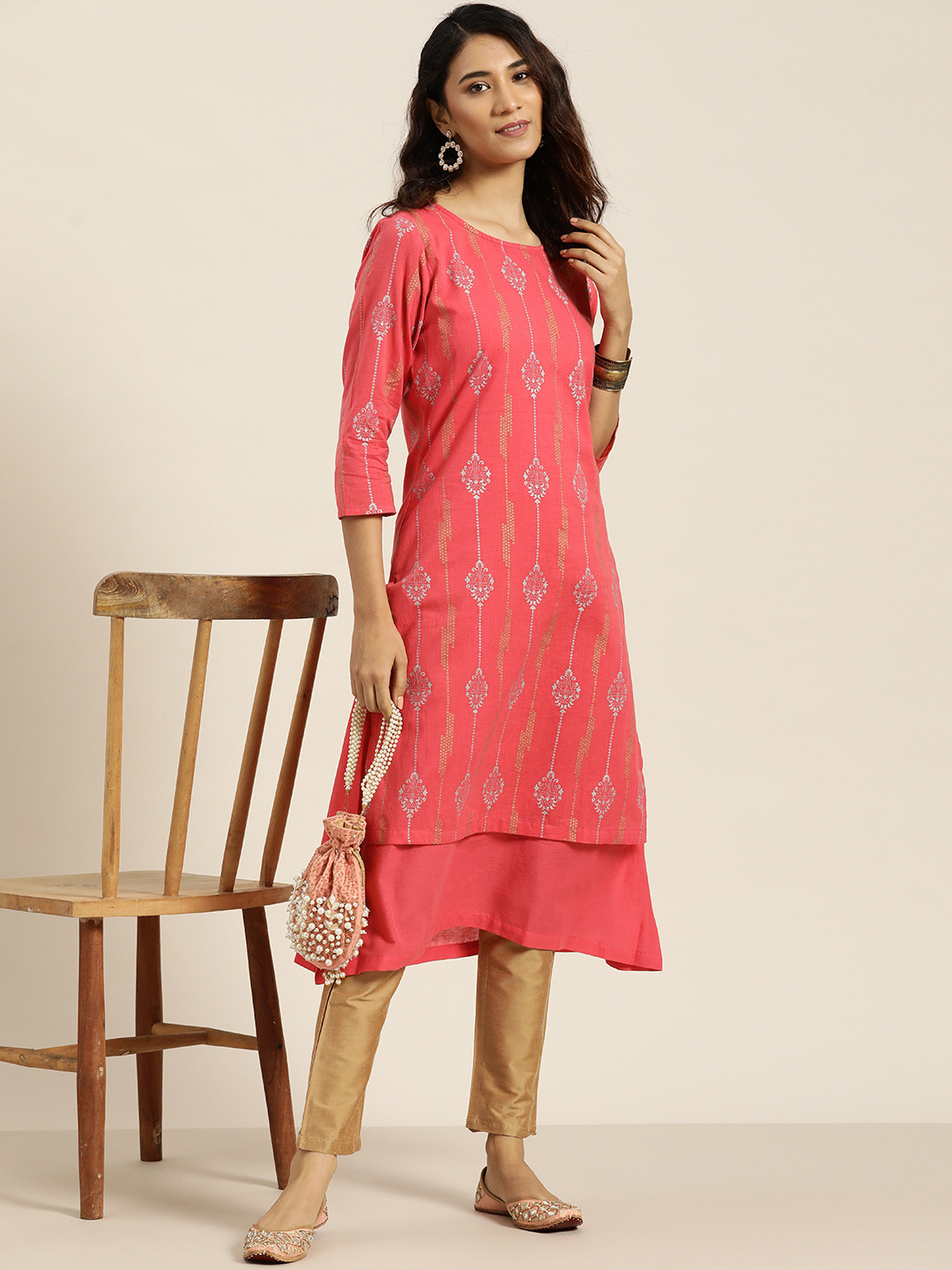 

Sangria Women Pink & Silver Ethnic Motifs Printed Pure Cotton A-Line Layered Kurta