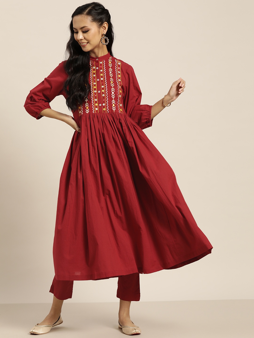

Sangria Women Maroon & White Yoke Embroidered Pleated Pure Cotton Kurta with Trousers