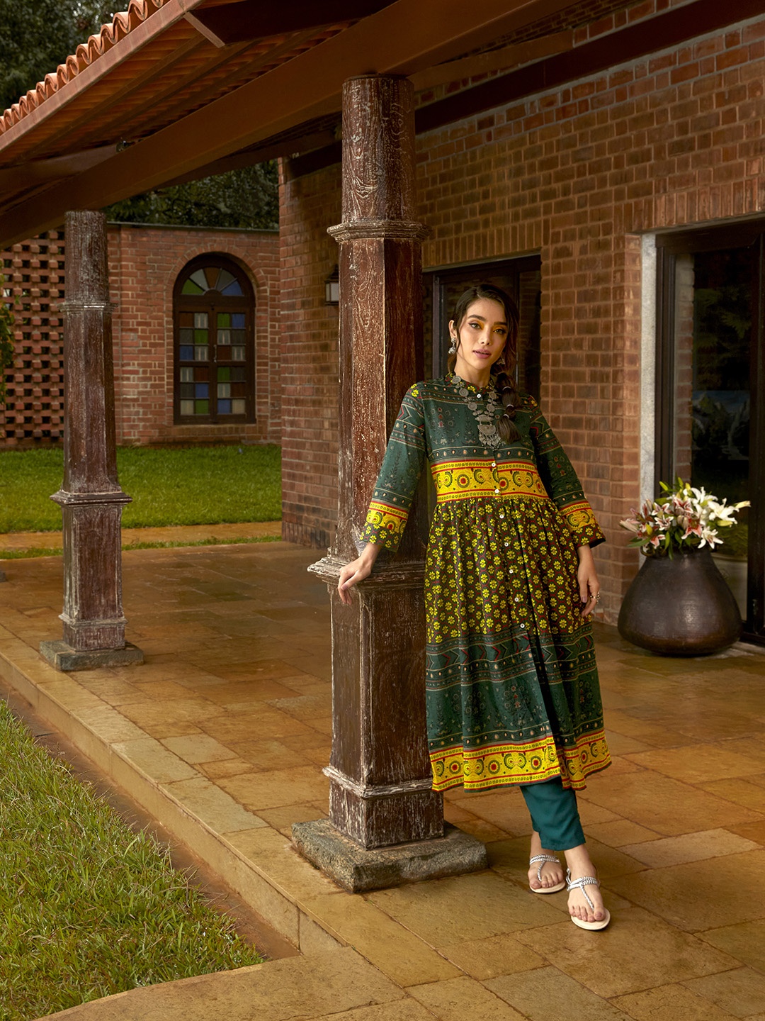 

Sangria Women Green & Yellow Pure Cotton Ethnic Motifs Printed A-Line Kurta